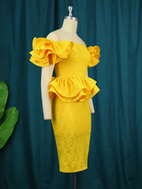 ONTINVA Yellow Off Shoulder Ruflle Lace Dresses Midi